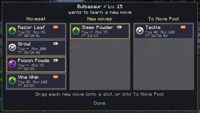 The move screen: the moveset, the new moves and the move pool side by side